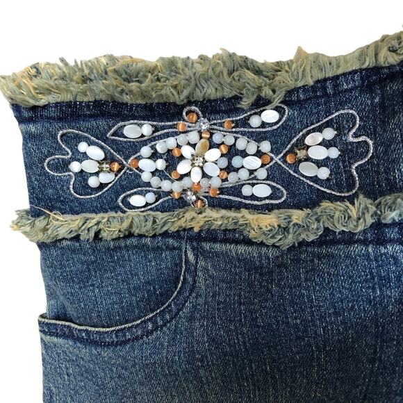 INC Denim Mini Skirt Sz 6 Blue Jean Fringe Embroidered Beaded Y2K Stretch - Picture 4 of 9